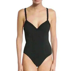 TORY BURCH ONE PIECE SOLID RUFFLE UNDER WIRE BLACK S/P SWIMSUIT / BODYSUIT